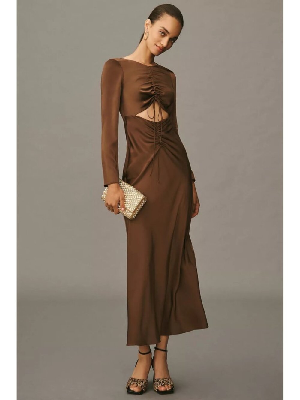 Bardot Anthropologie Daring Ruched Satin Cutout Maxi Dress Brown XL